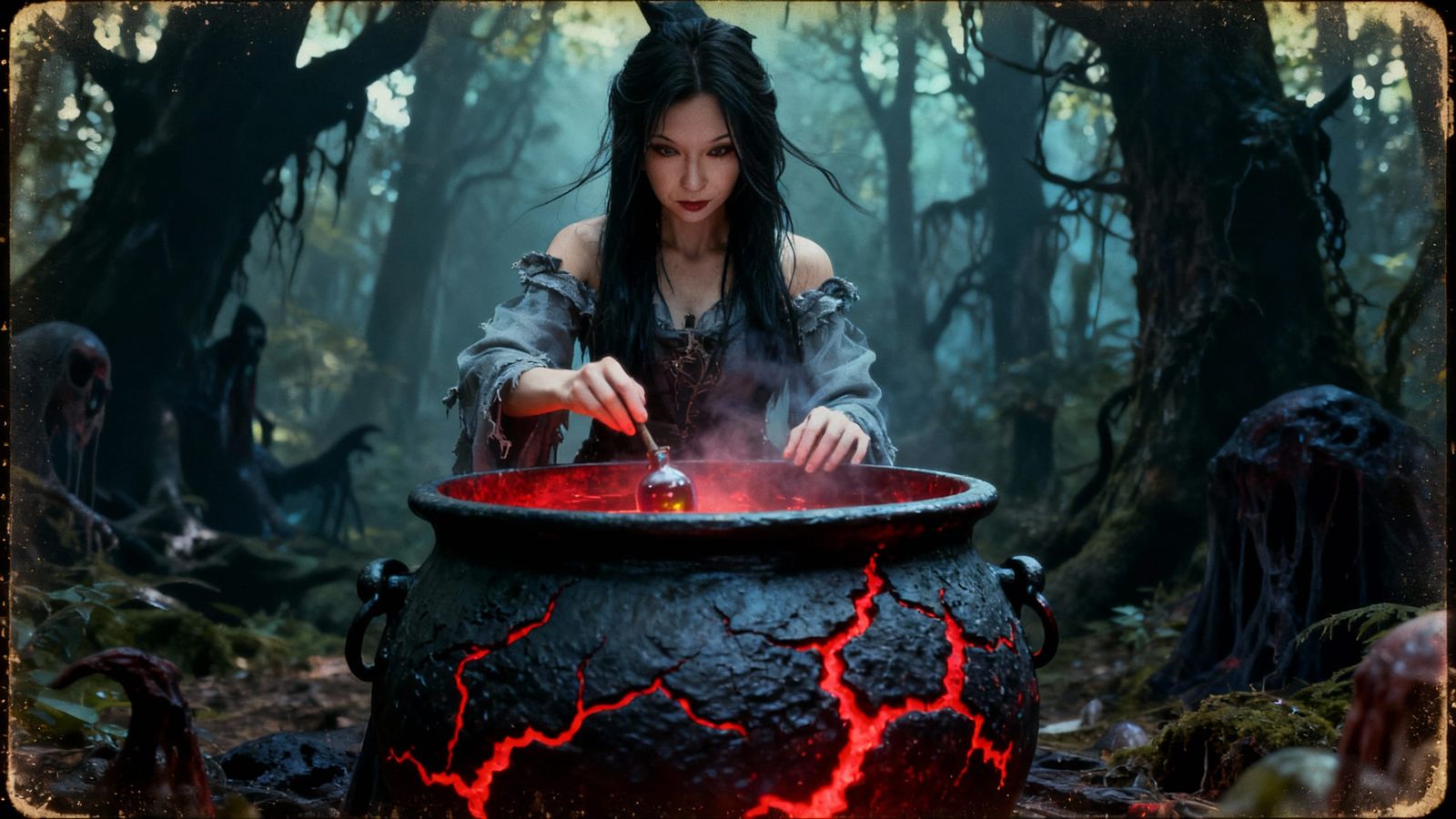 Eerie Forest Witch Brewing Potion in Cinematic Film Still