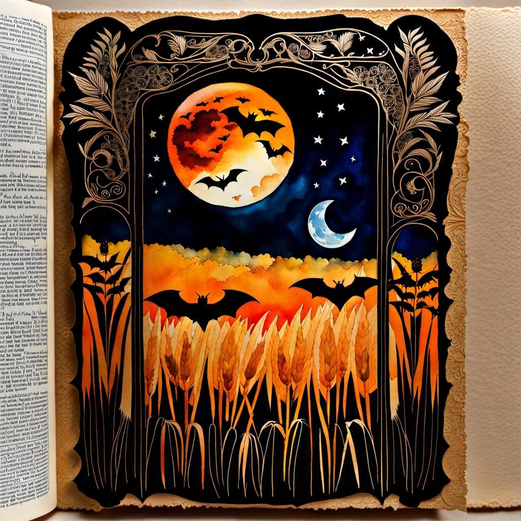 Harvest Moon Over Wheat Field: Vintage Watercolor