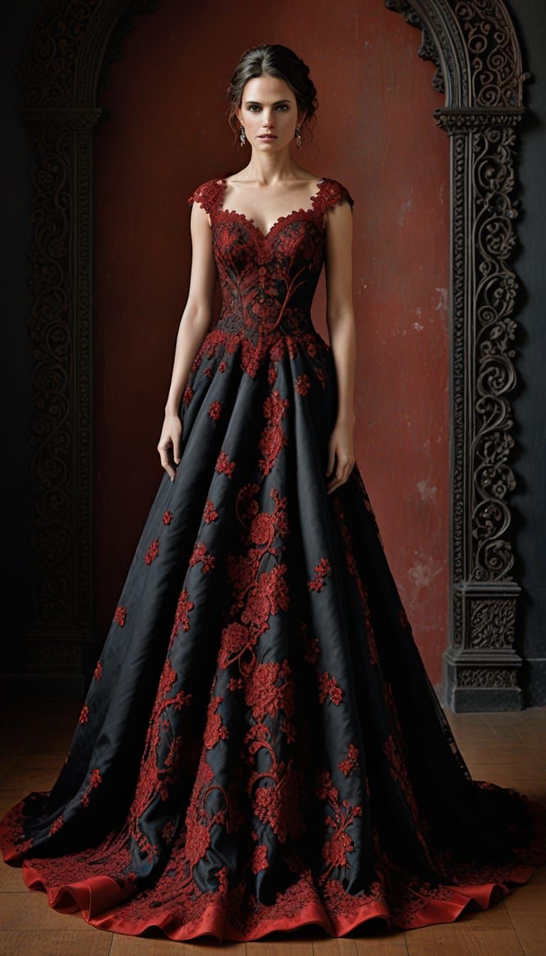 Elegant Black Wedding Gown with Vibrant Red Accents
