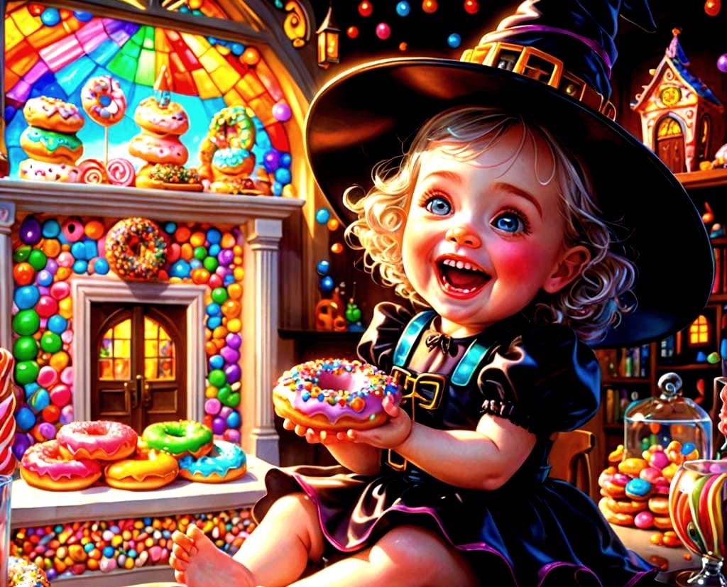 Baby Witch Eating Donuts in Candy Art Style