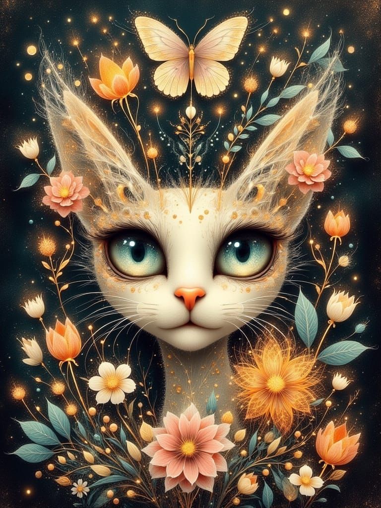 Ethereal Cat in Whimsical Art Nouveau Style