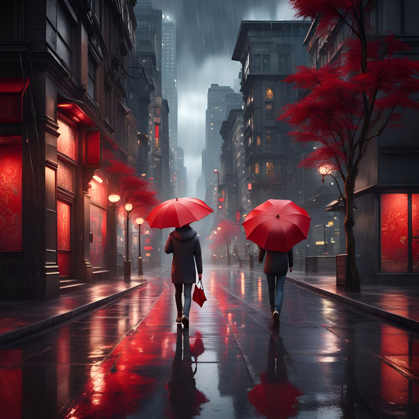 Rainy Cityscape: Person with Red Umbrella