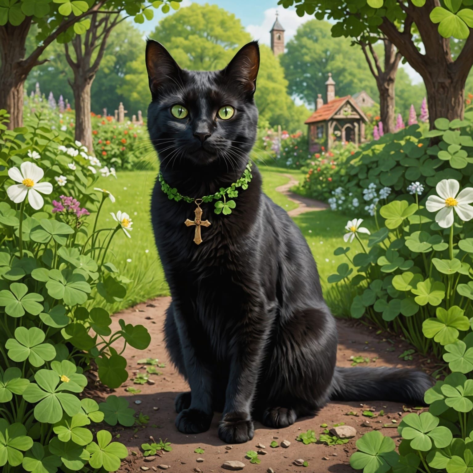 Anxious Black Cat Seeks Luck in Clover Garden