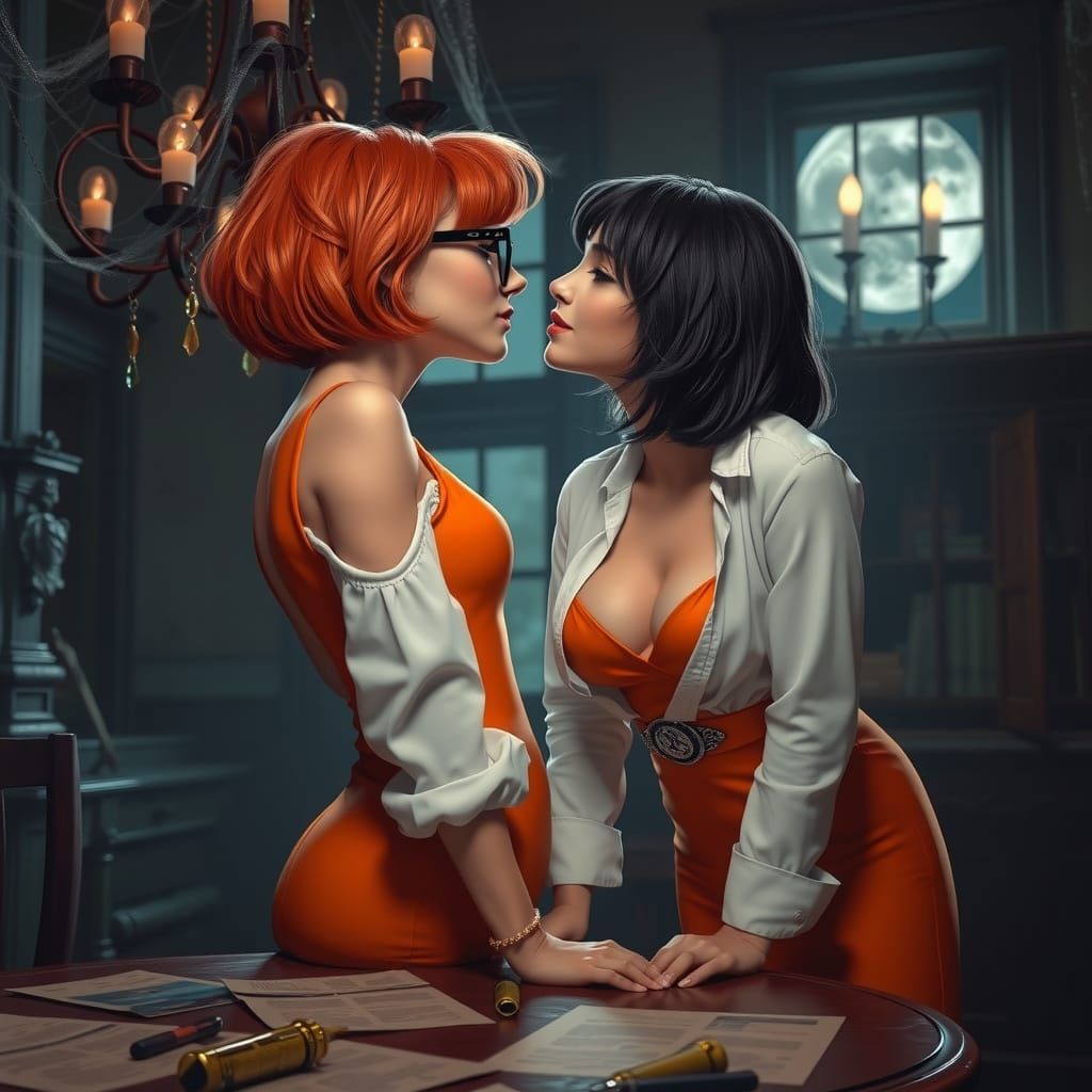 Velma Dressed in Iconic Orange Dress, Surrounded by Mystery