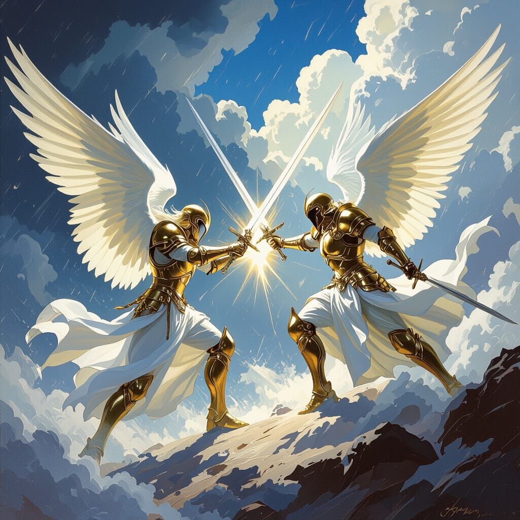 Angels Clash in Stormy Sky as Dramatic Art