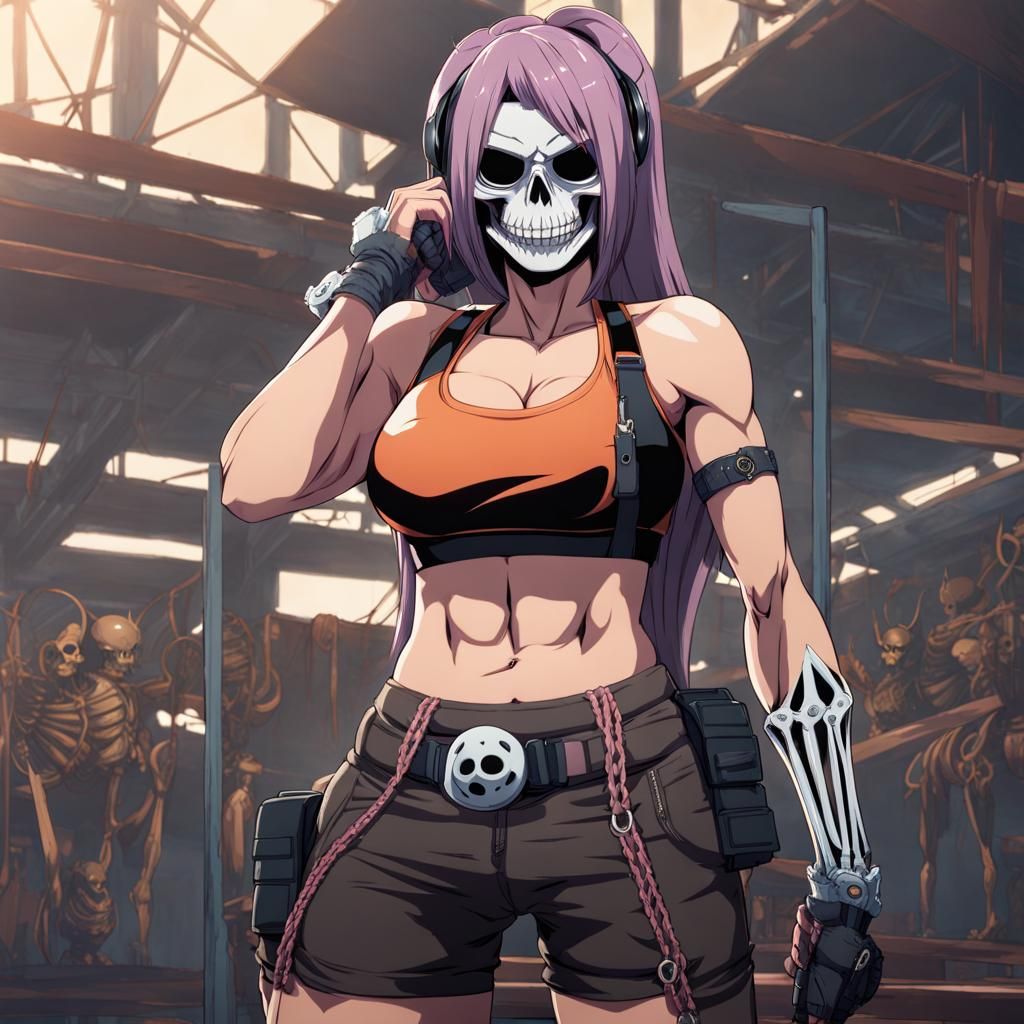Muscular Anime Girl in Sports Bra with Skeleton Mask