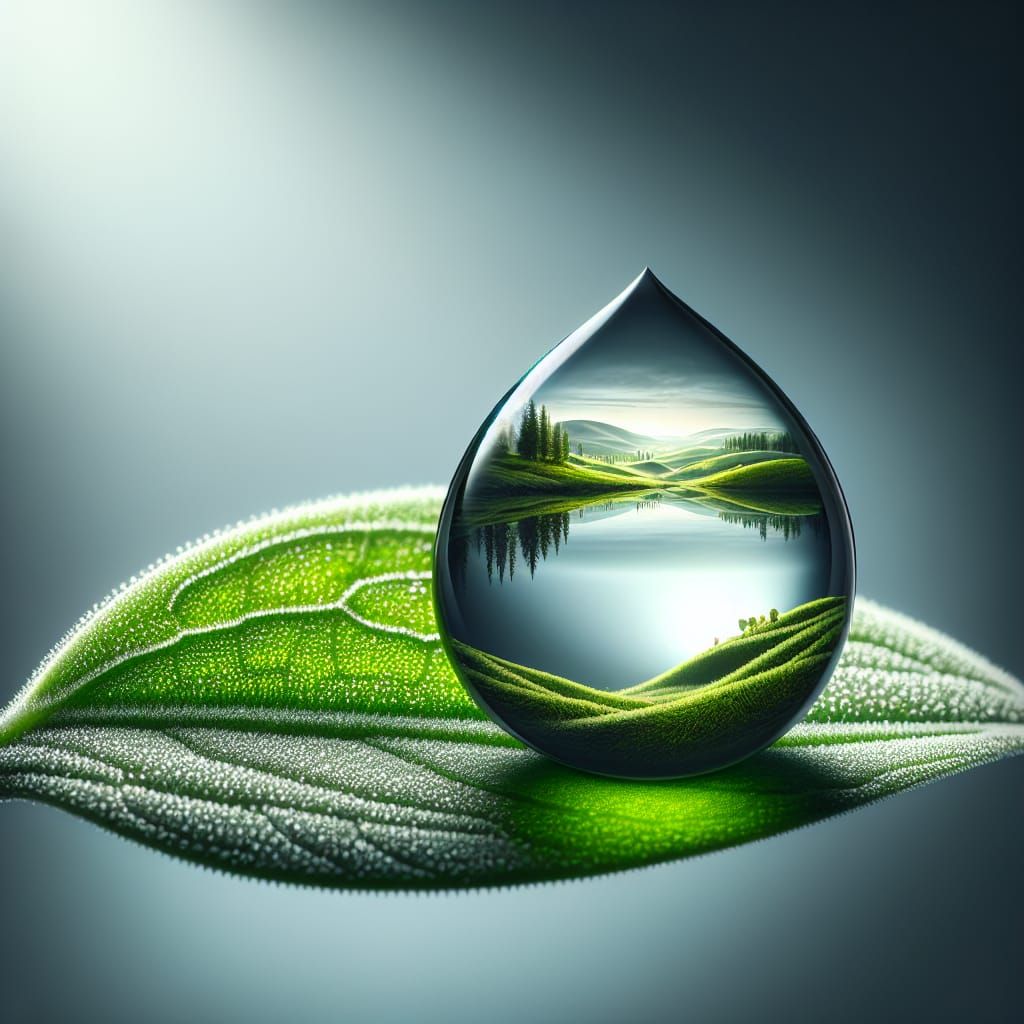 Dewdrop Reflecting Miniature Landscape in Macro View