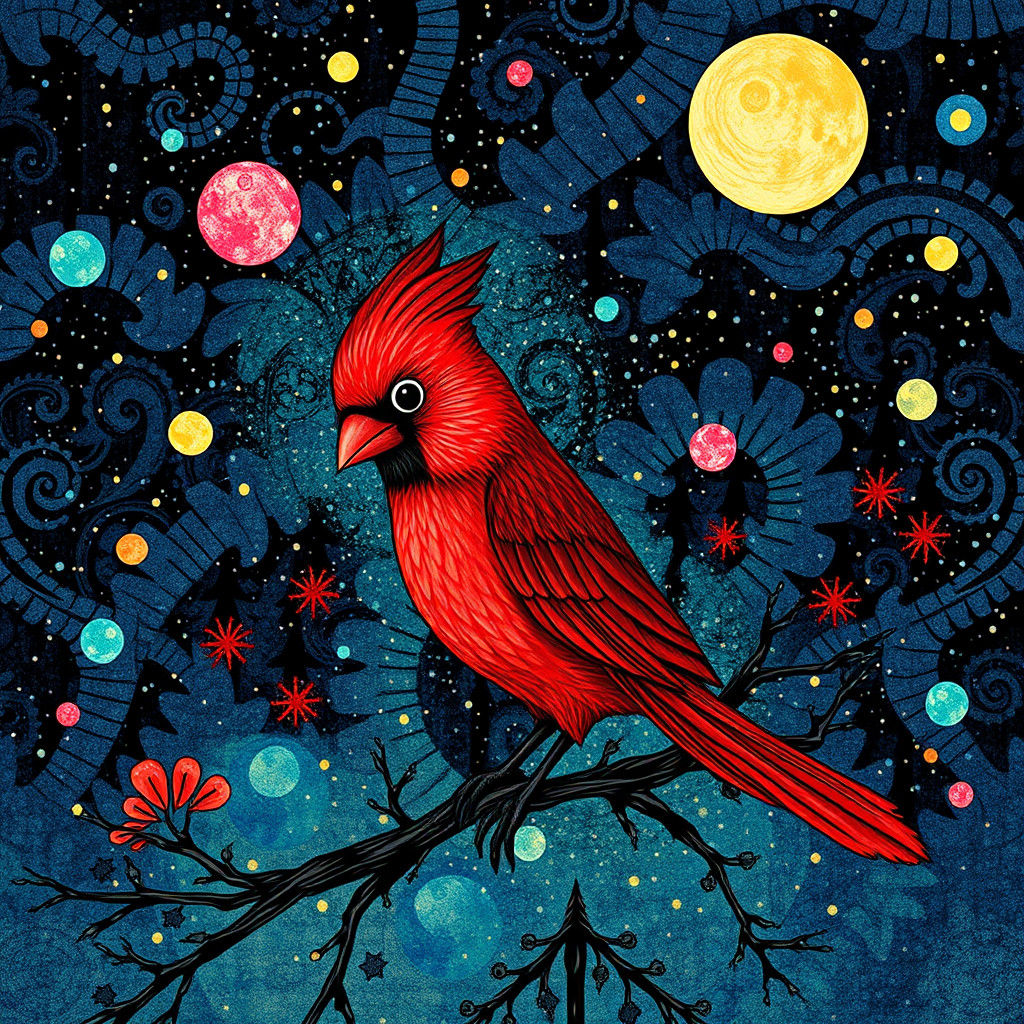 Red Cardinal Character in Surreal Pointillism Style