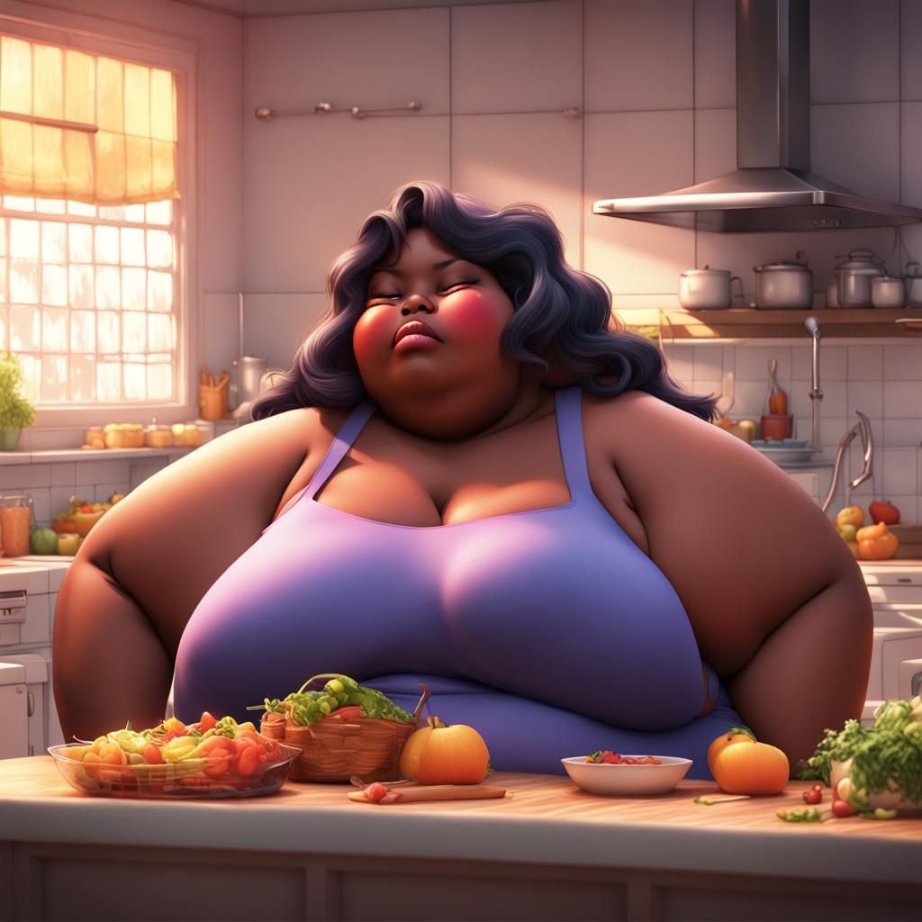 Two Obese Anime Girls Kissing in Kitchen, 3D Render