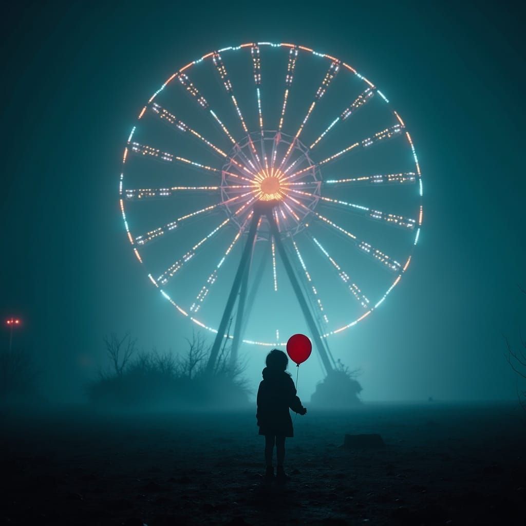Lonely Child Under Ferris Wheel in Abandoned Park at Night