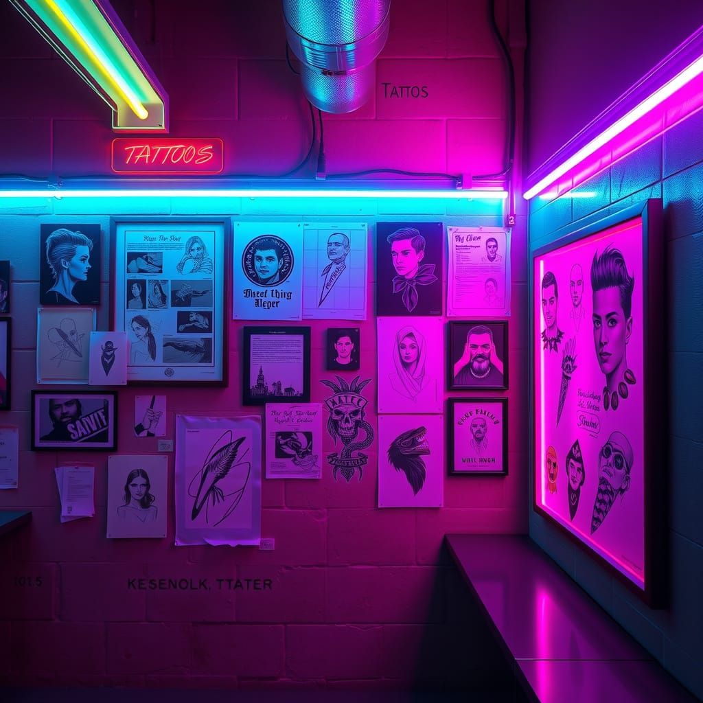 Neon Tattoos on Urban Wall in Cyberpunk Style