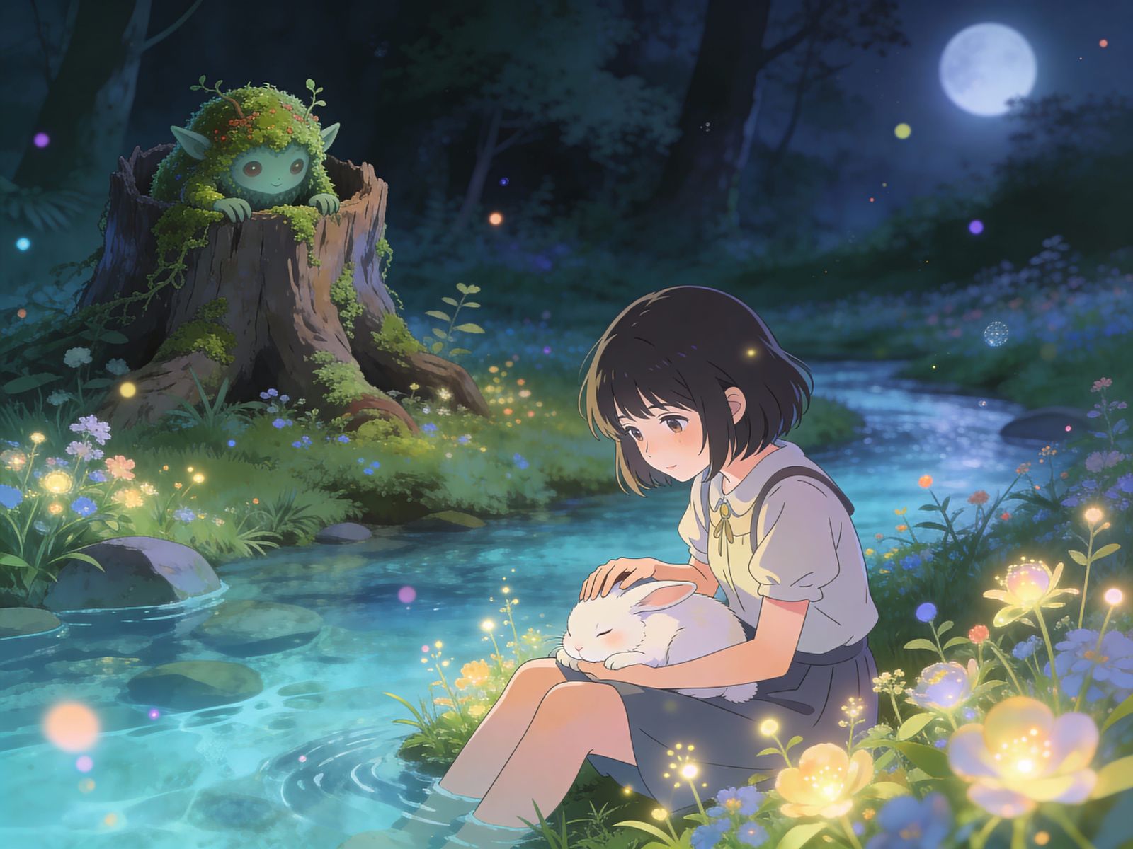 Anime Girl with Rabbit in Magical Forest