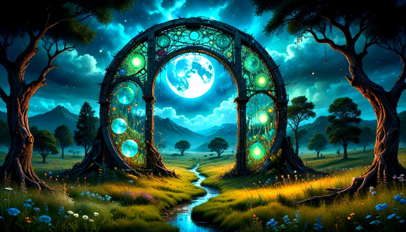 Colossal Full Moon Portal with Otherworldly Beings