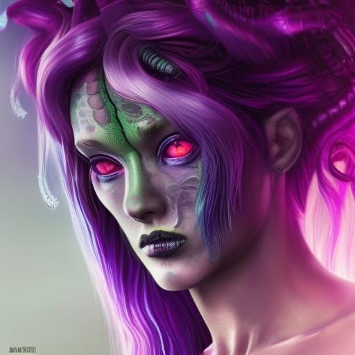 Luminescent Alien Medusa in Inkpunk Cyberpunk Style