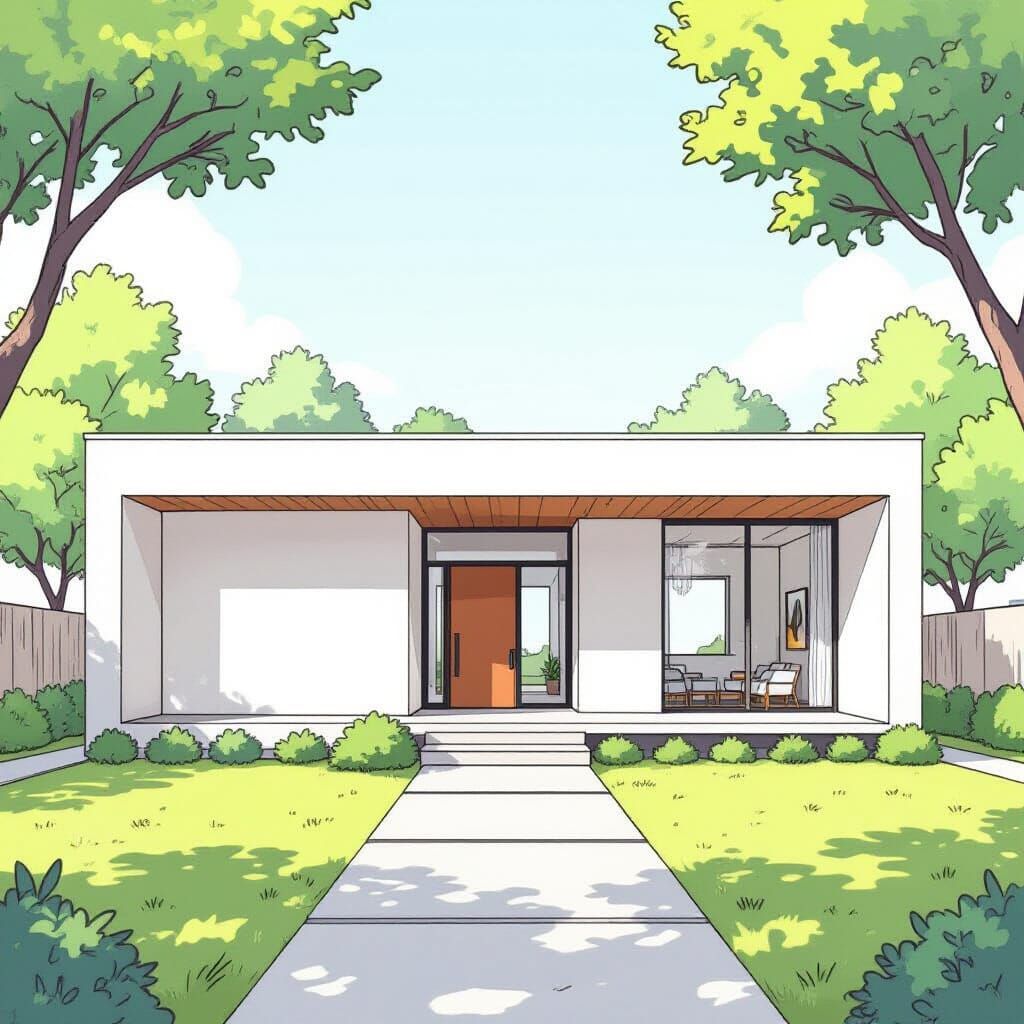 Modern One-Story House in Two-Point Perspective