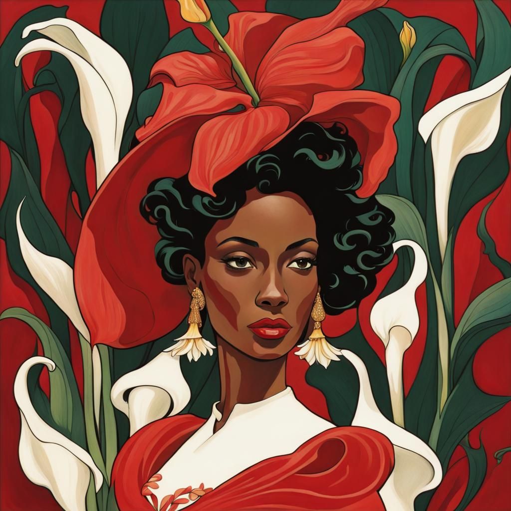 Elegant Woman with Lilies in Art Nouveau Style
