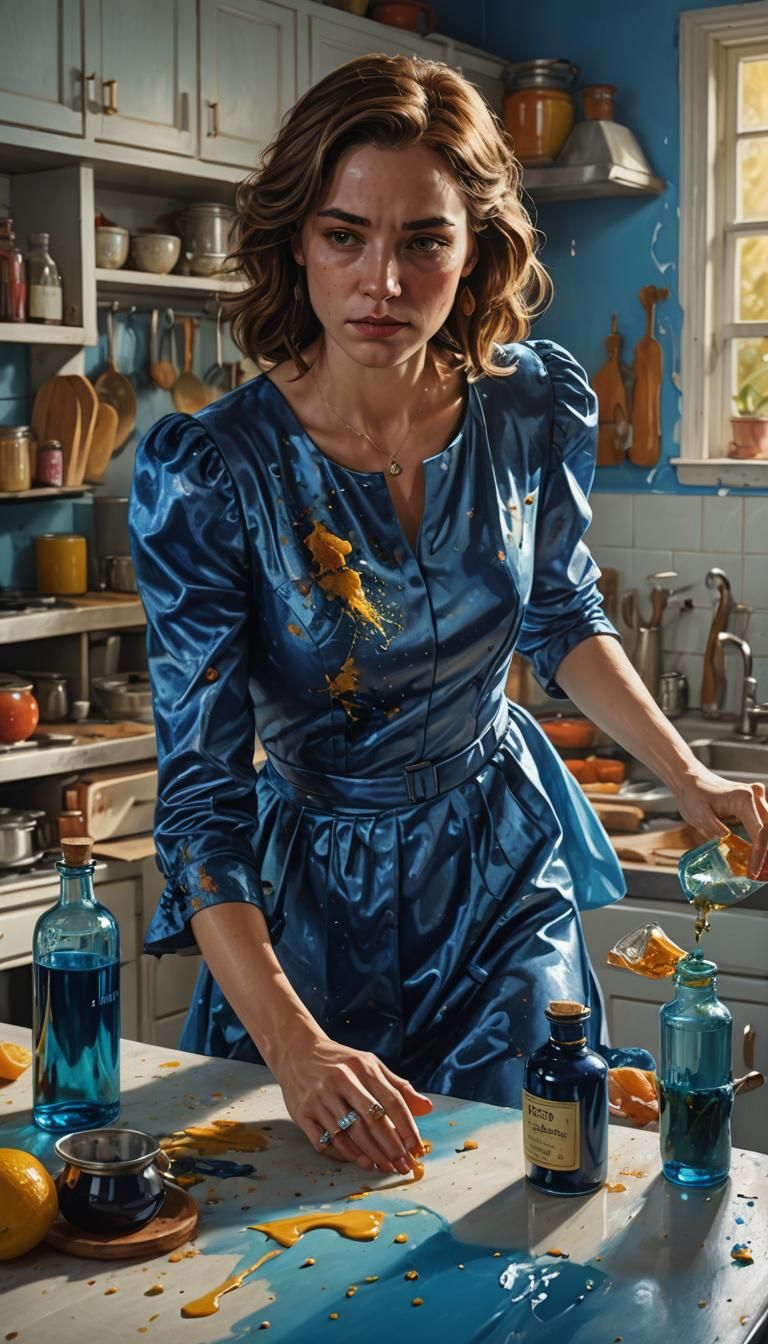 Woman in Blue Dress with Poison, Hyperrealistic Art