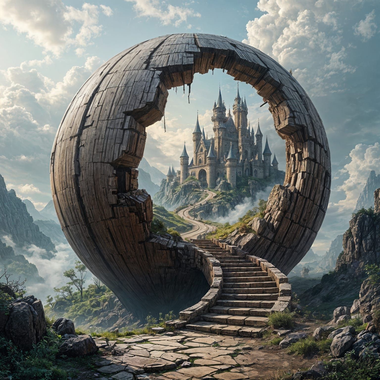 Surreal Cracked Wood World with Fantasy Landscape