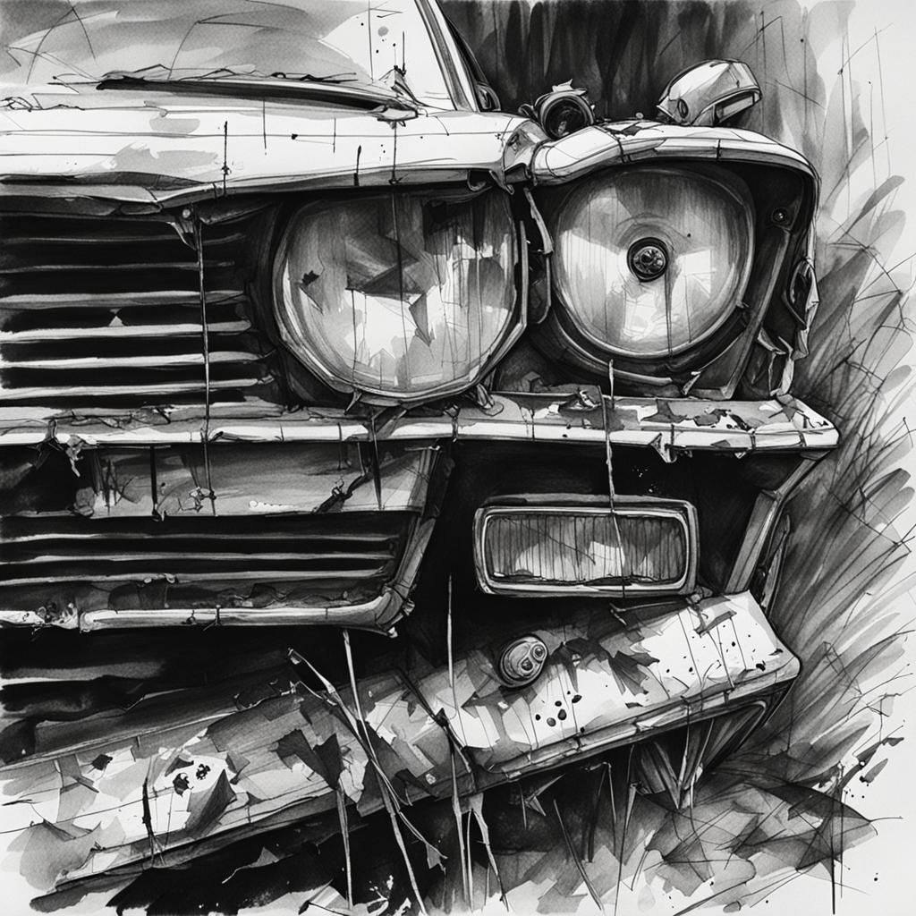 Pen and ink Sketch of a car crash scene
