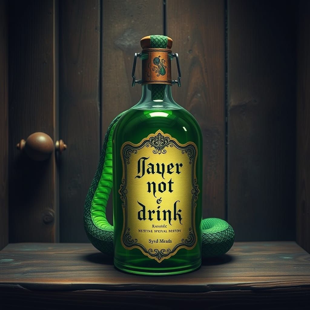 Vintage Apothecary Potion in a Snakeskin Bottle with Warning...