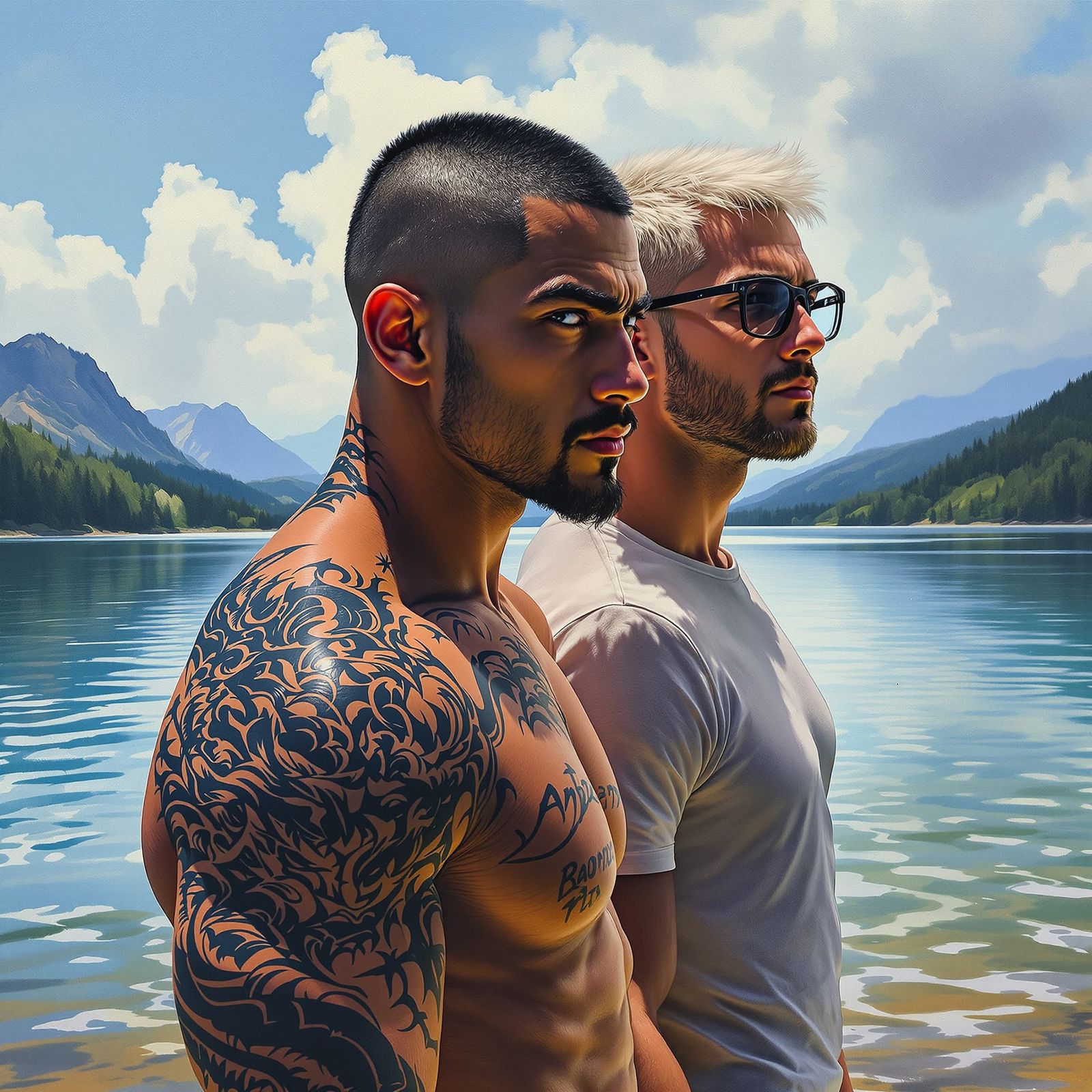 Couple by Serene Lake in Hyperrealistic Oil Painting Style