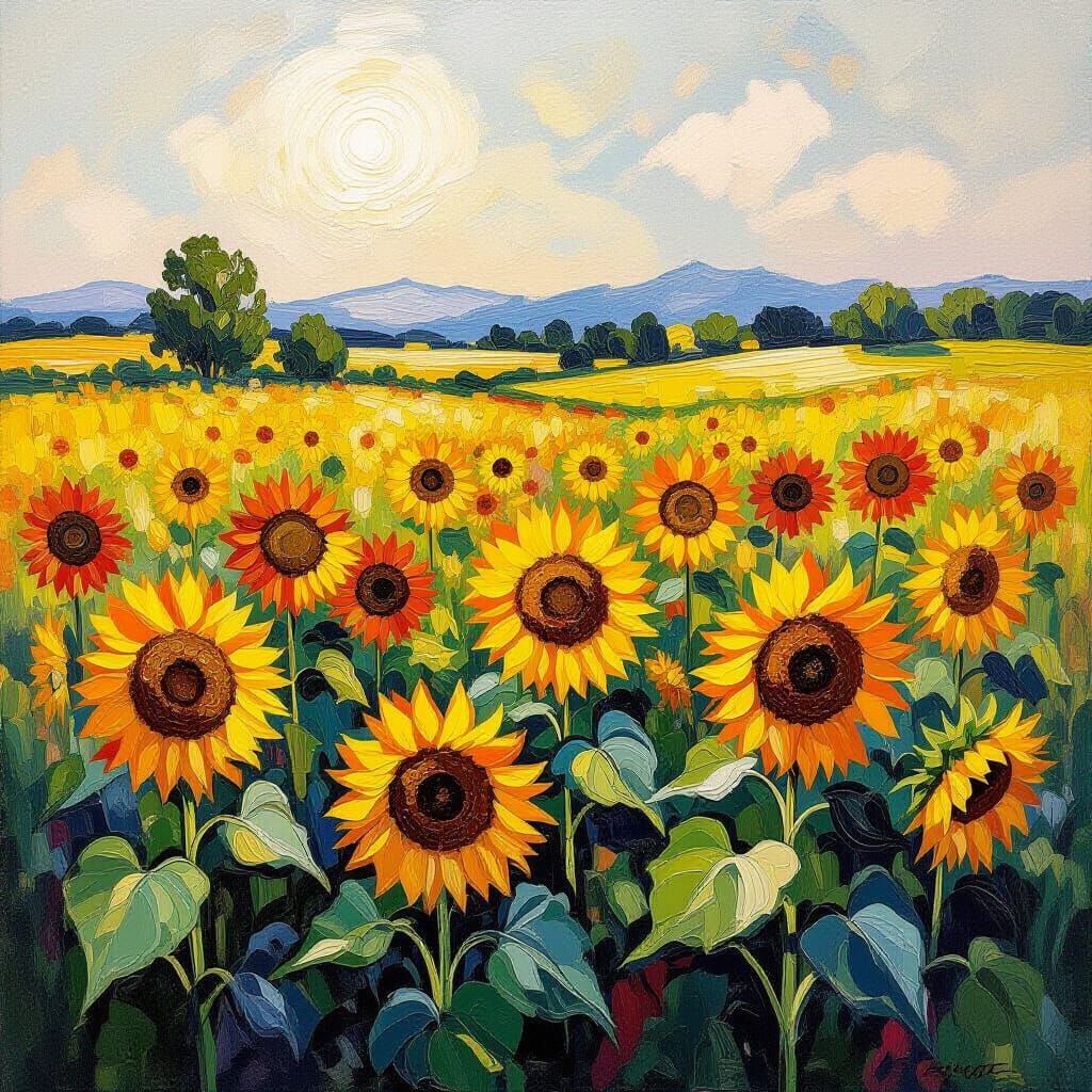 Sunflowers in Serene Landscape as Impressionist Art