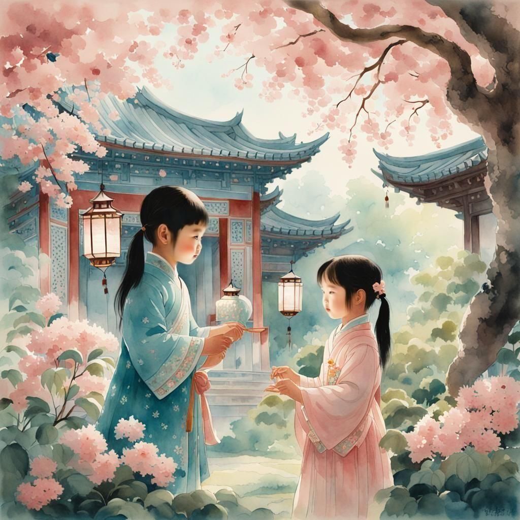 Happy Children Playing in Imperial Chinese Garden Watercolor