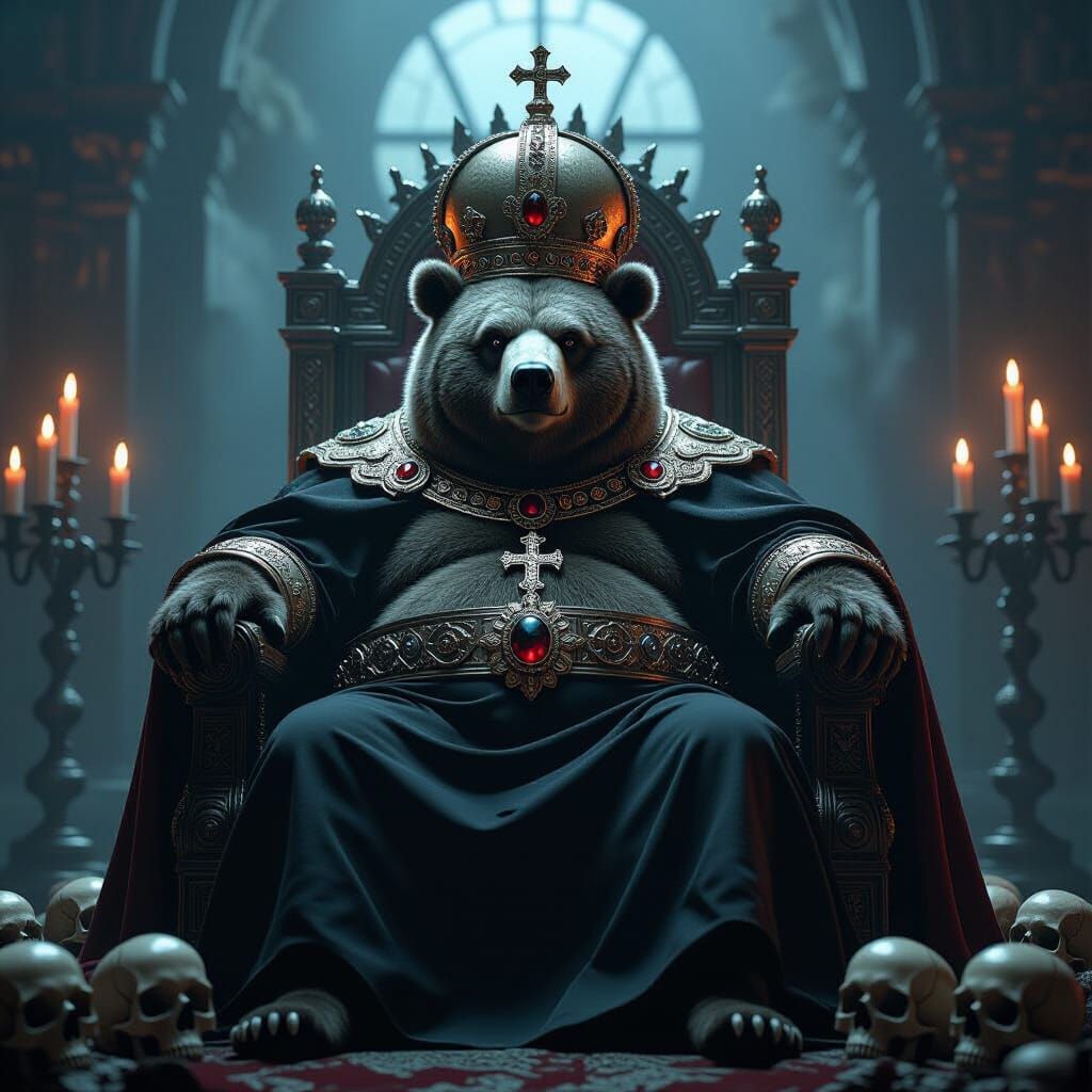 Obese Bear Pope on Skull Throne in Biomechanical Style