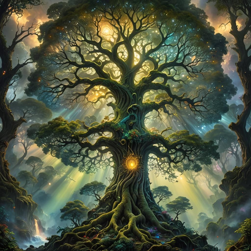Tree of Life in Misty Forest, Ethereal Illustration