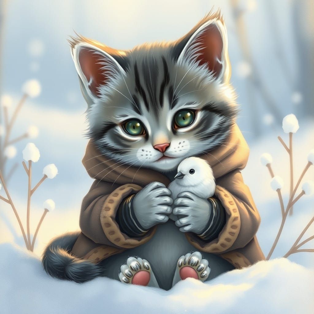Whimsical Grey Kitten in Snowy Landscape with Bird