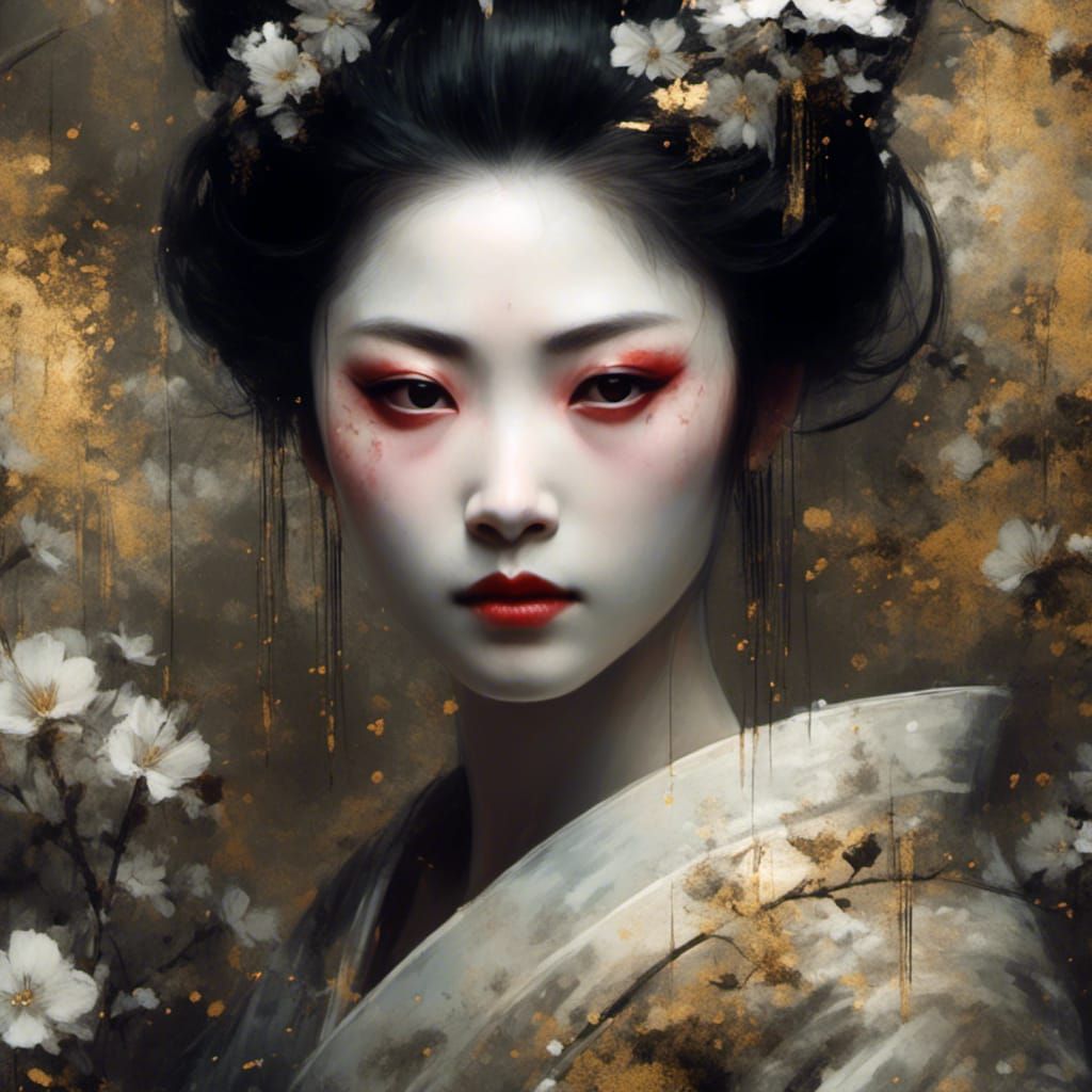Elegant Geisha with Floral Transparency in Digital Art