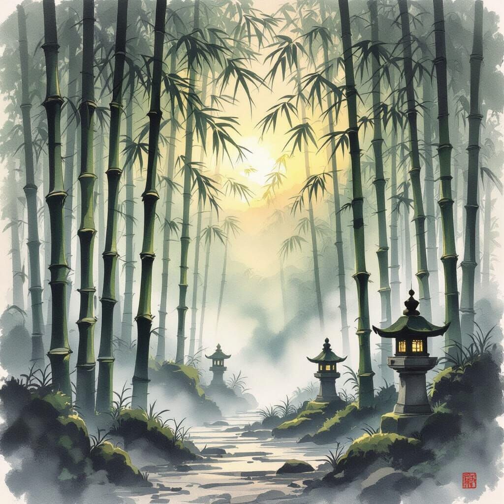 Ethereal Bamboo Forest at Dawn in Sumi-e Style