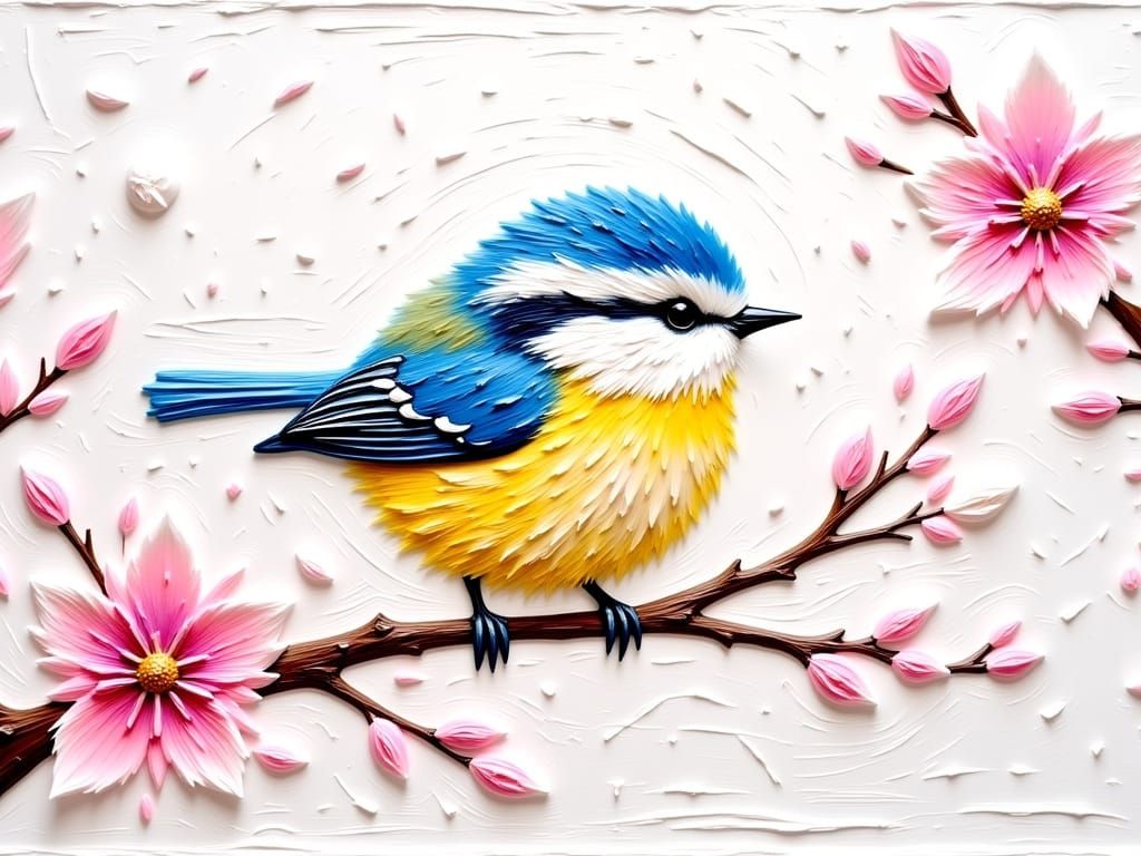 Blue Titmouse on Cherry Blossom Branch as Impasto Painting