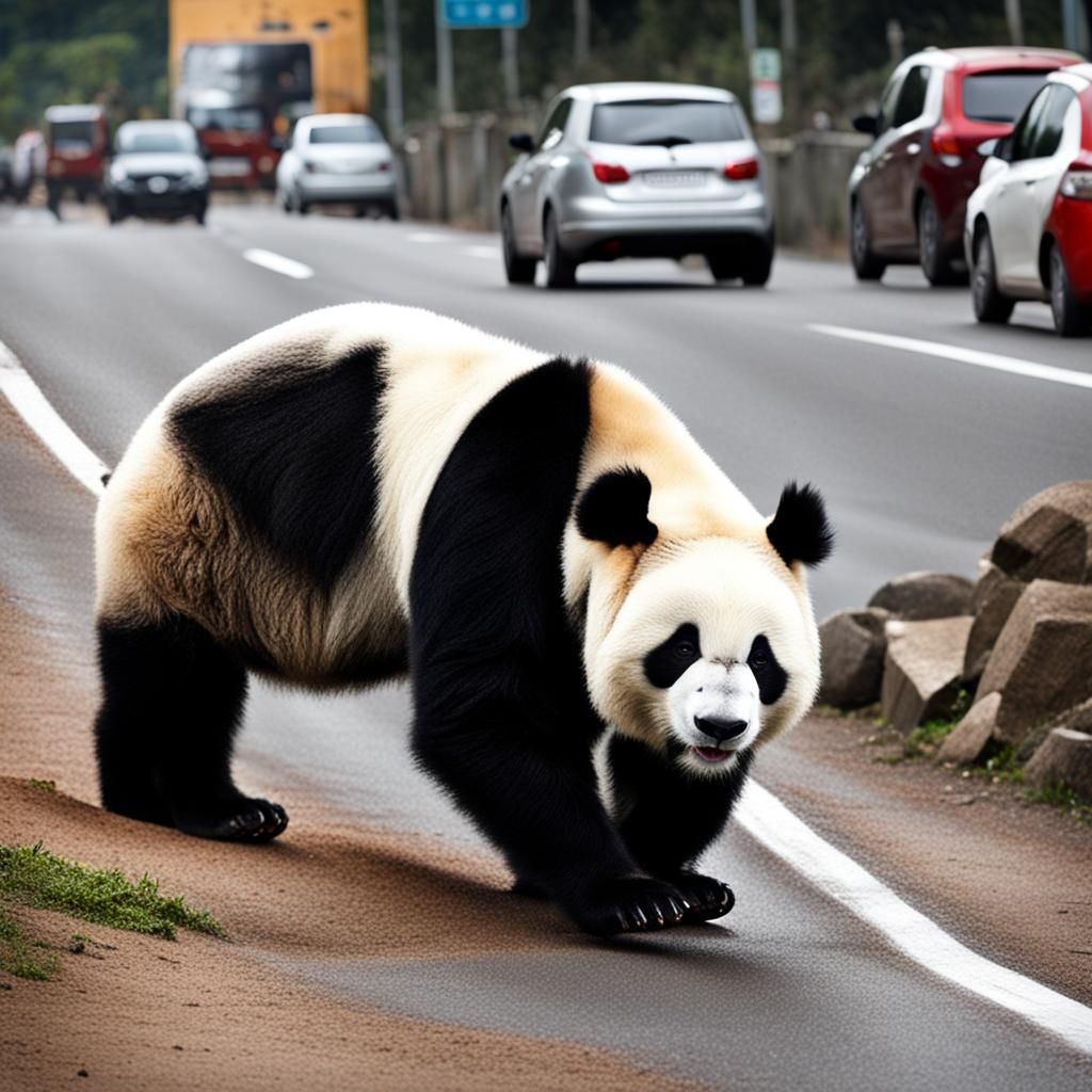 Panda in Bikini on Road with Cars