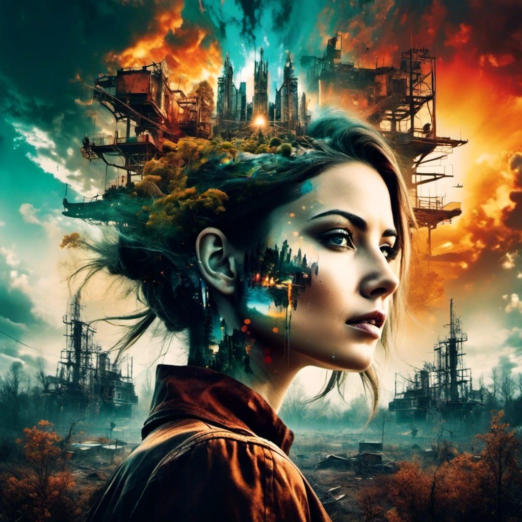 Dystopian Double Exposure: Rusted World in Encaustic Ink