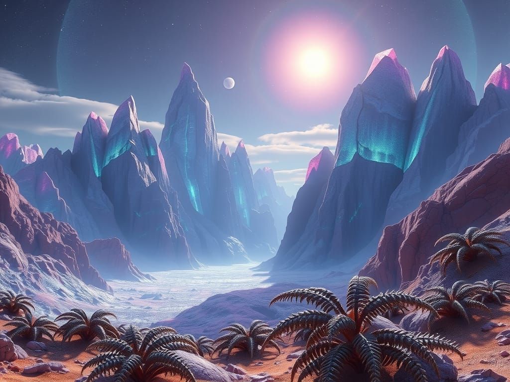 Surreal Crystal Worlds of Xylos Prime in Epic Sci-Fi Landsca...