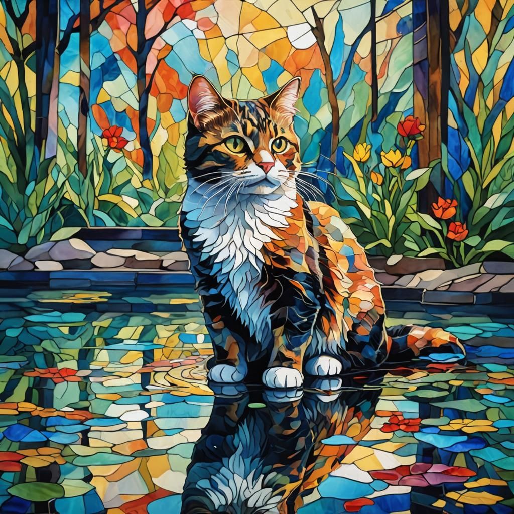 Stained Glass Cat Reflecting: Gouache Watercolor Impression