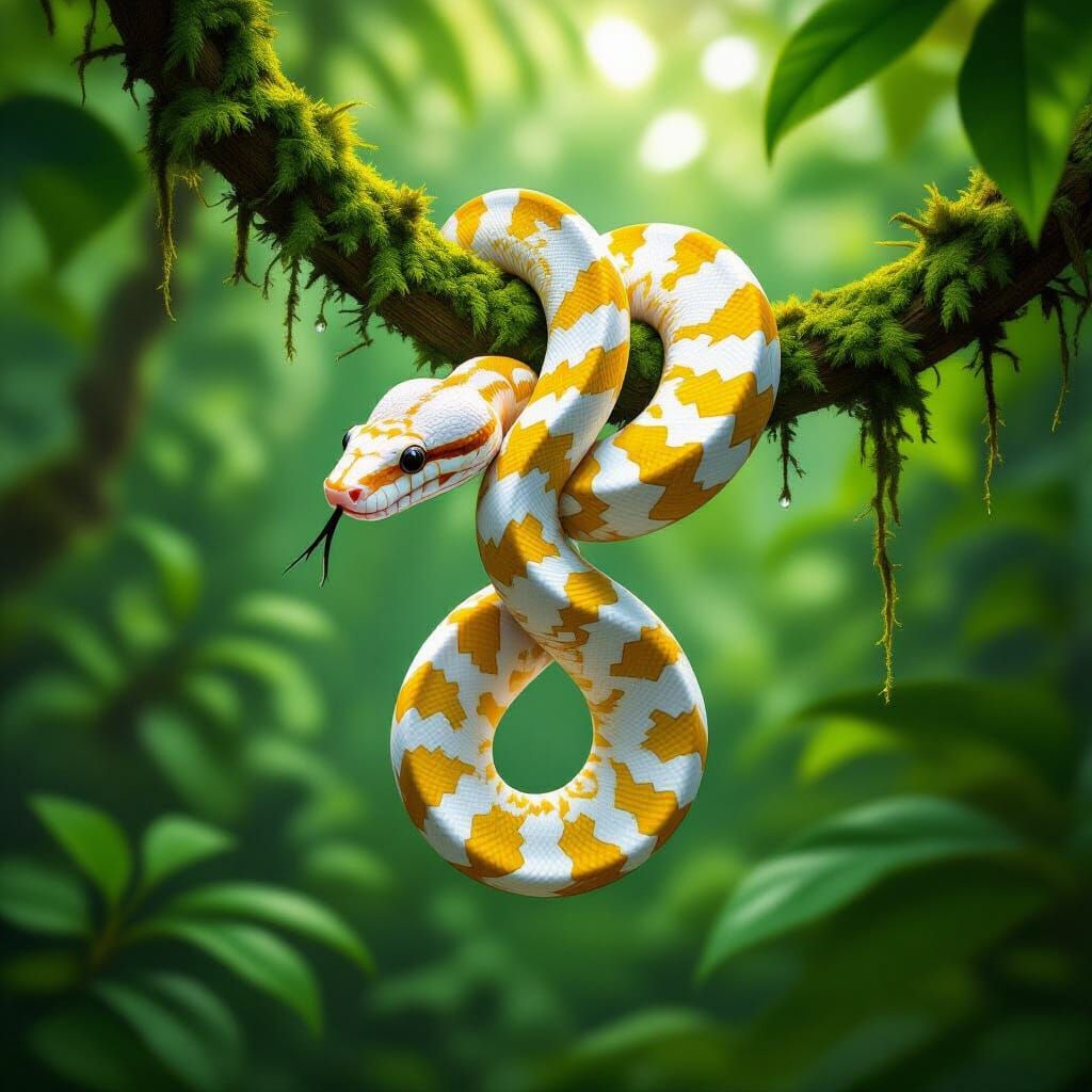 Albino Banana Ball Python on Vine in Lush Jungle