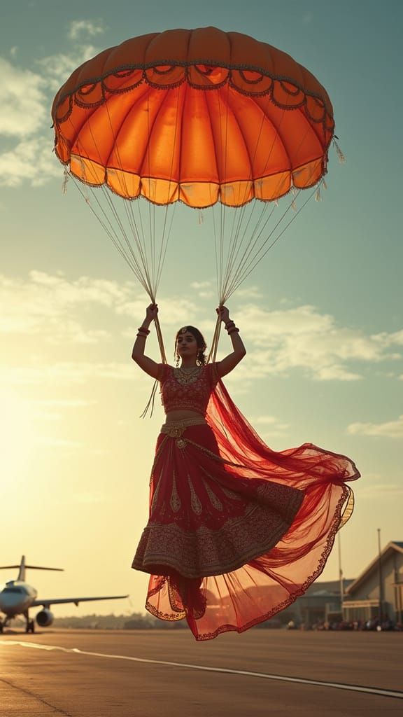Indian Bride Parachuting from Jet: Cinematic Digital Art