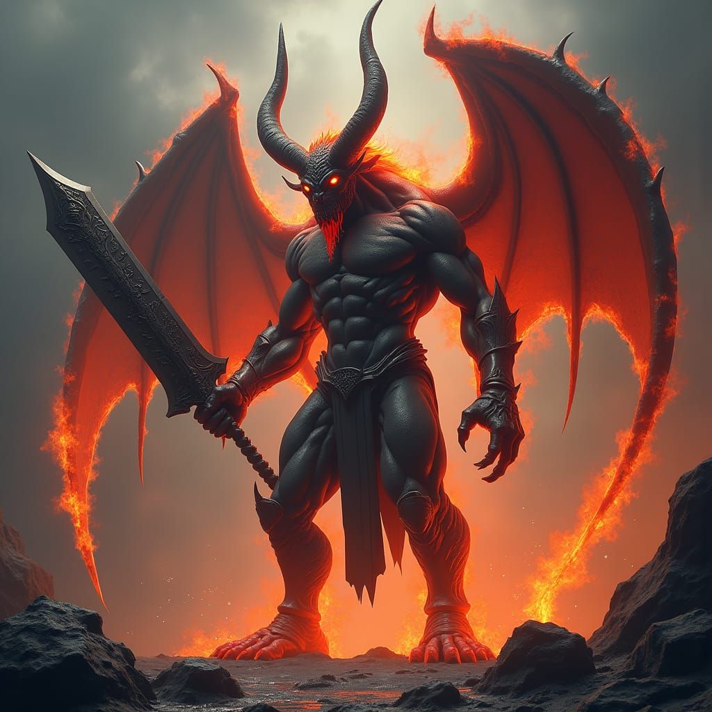 Fiery Demon in Hellish Landscape, Dark Fantasy Art