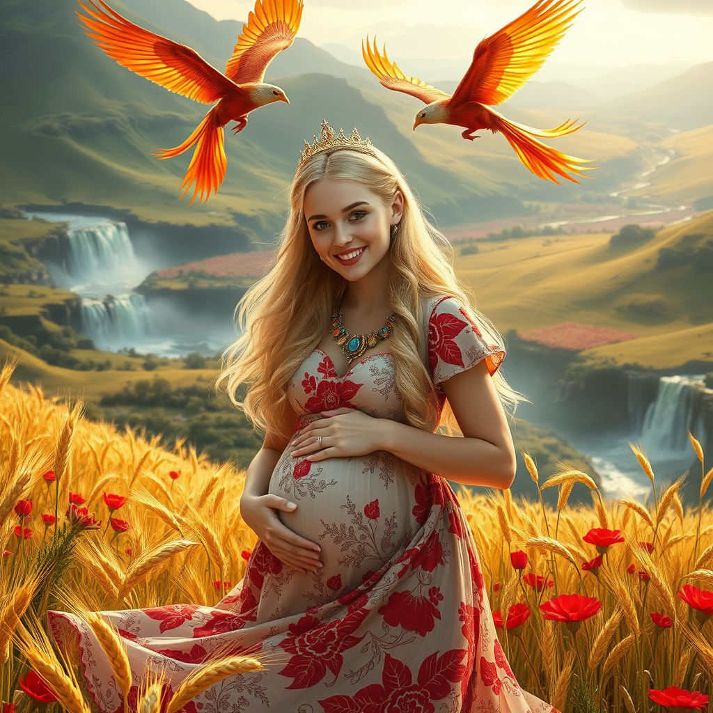 Pregnant Alice in Wonderland in Golden Wheat Field