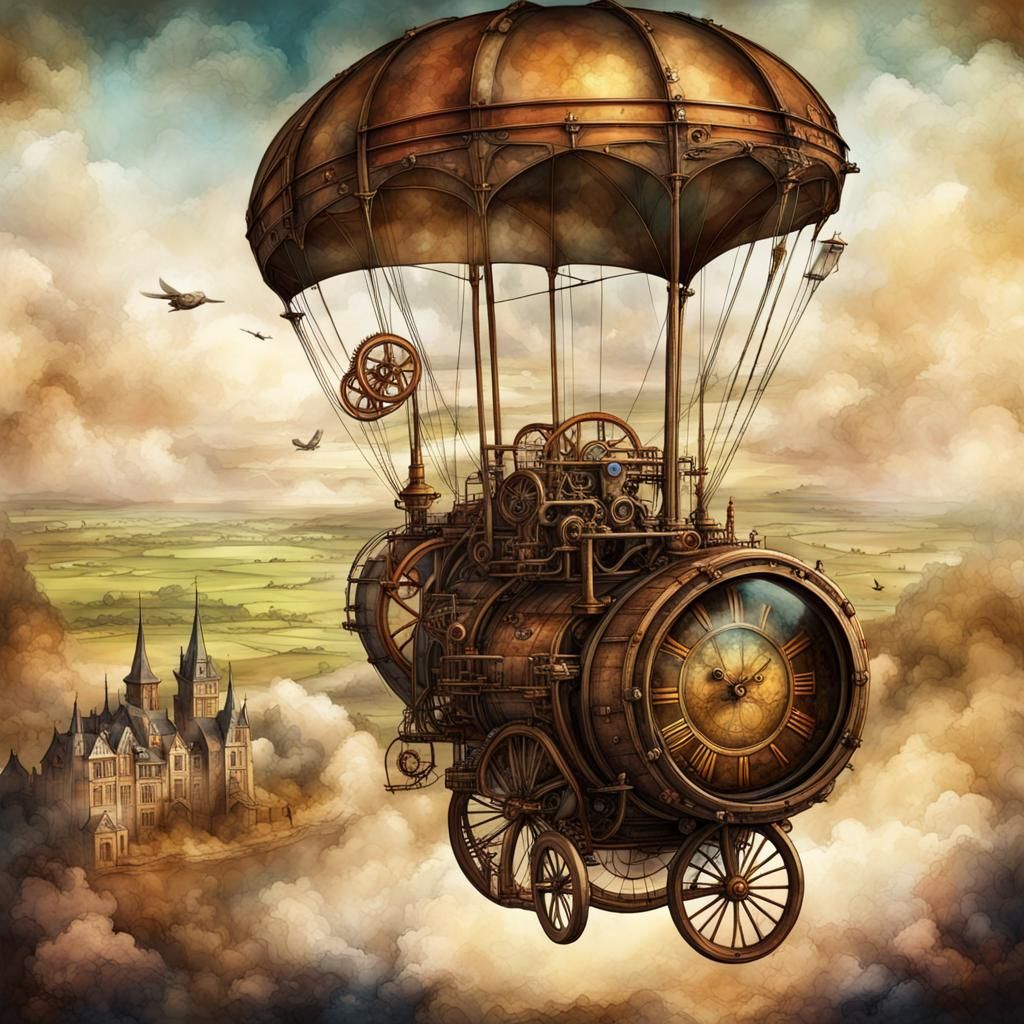 Steampunk Airship Over Landscape in Watercolor Style