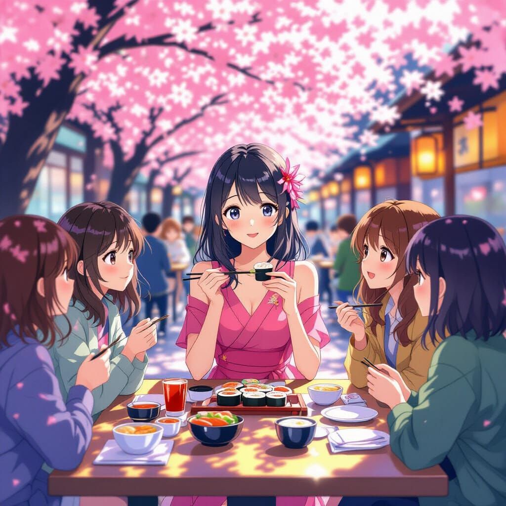 Anime Girl with Friends Enjoying Sushi in Tokyo