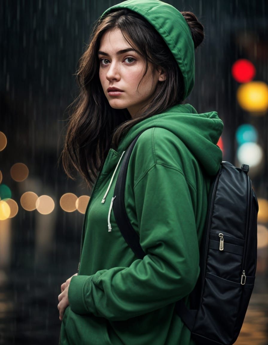 Brunette Girl Leaving Home at Bus Stop