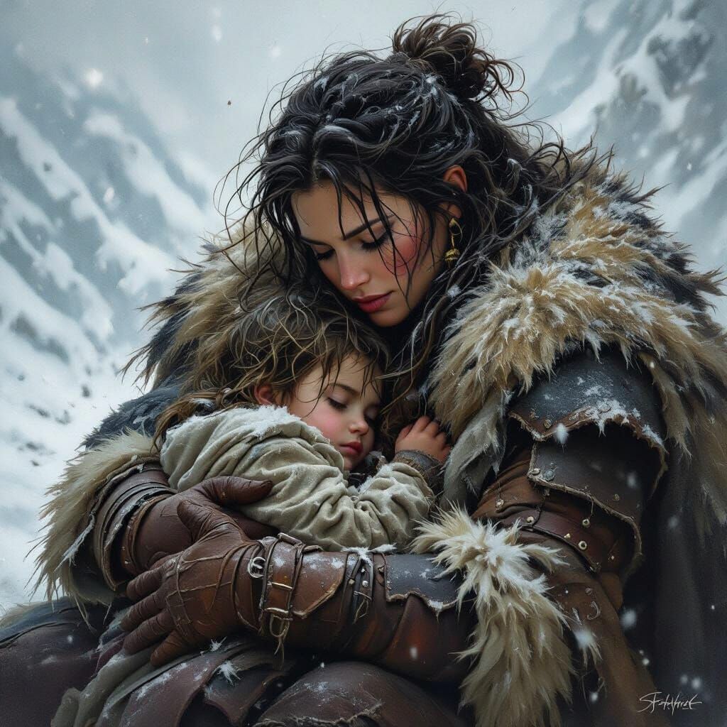 Fantasy art inspired by Jeff Easley: close-up of a fear, barbarian, mother shelters her slumbering child beneath layers,...