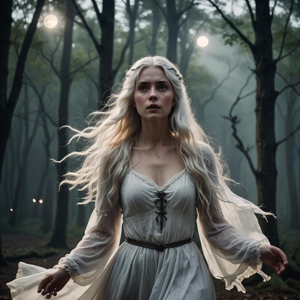 White Haired Medieval Girl Frightened in the Woods as Glowing Eyes Watch Her From a Distance