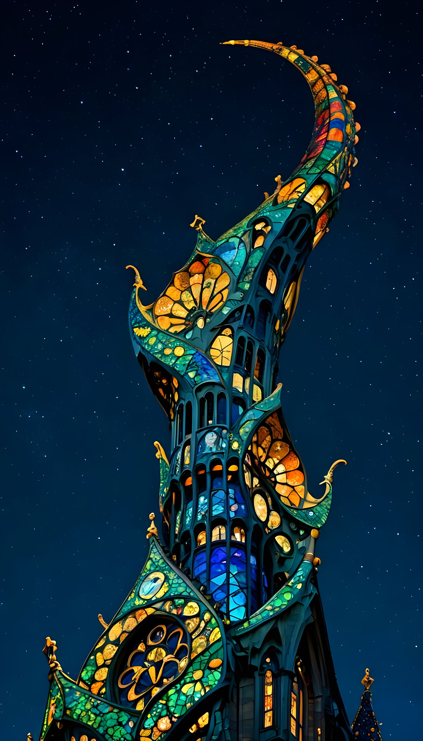 Art Nouveau Twisted Spire Lit at Night