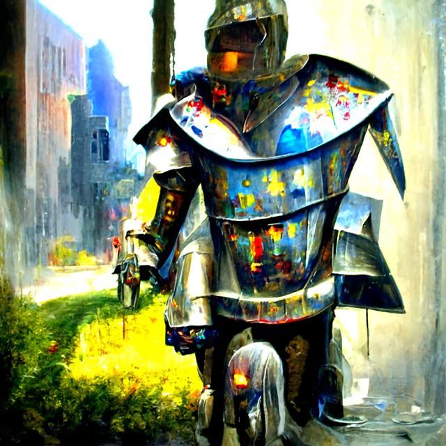 Knight in Shining Armor in Modern City