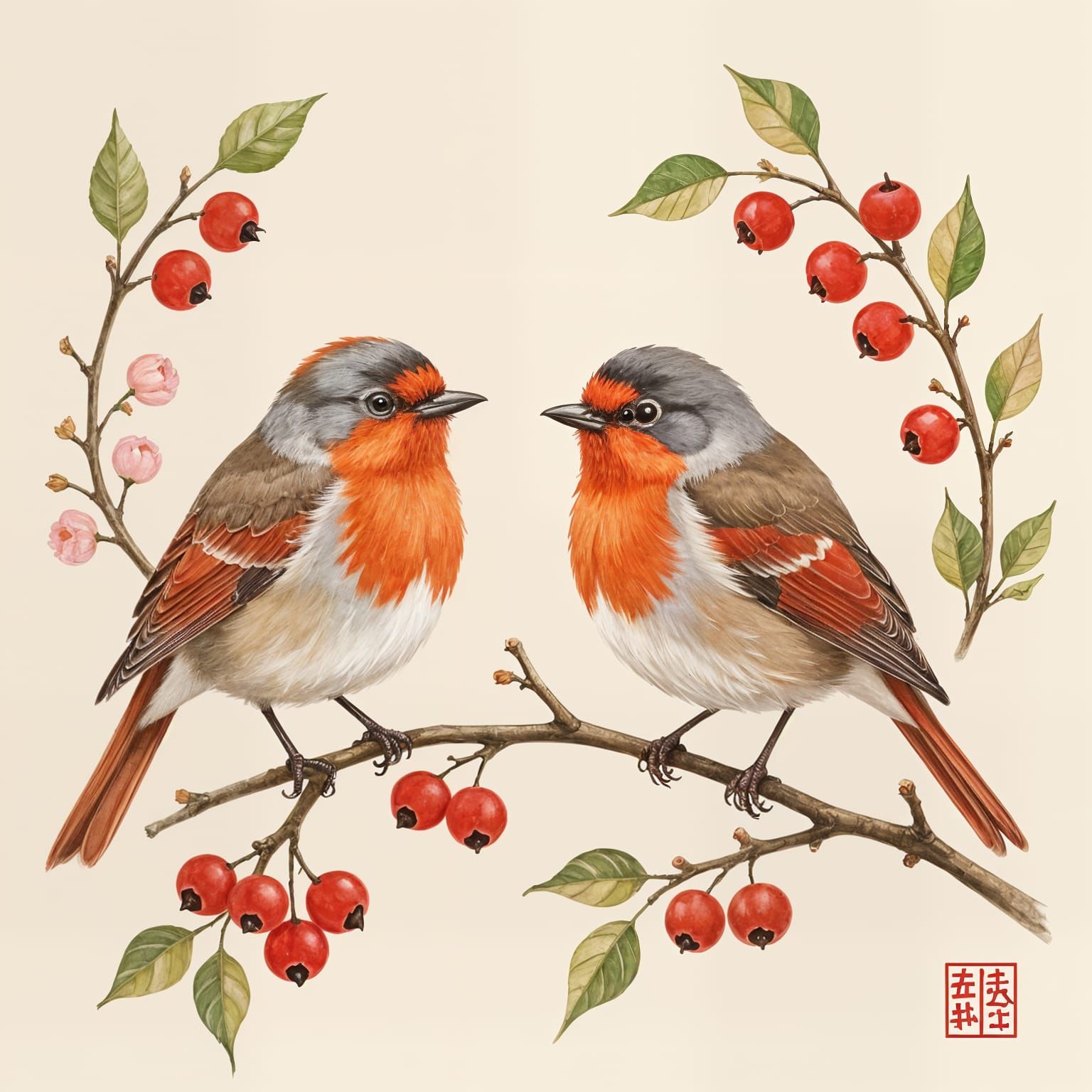 Japanese Style Robins in Gouache and Watercolor