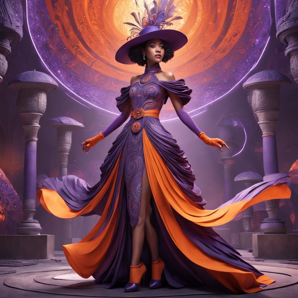 Rivera-Inspired Woman in Swirling Gown, Dreamlike Atmosphere